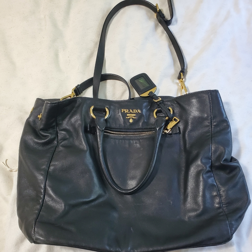 Prada black leather gold hobo tote purse bag used - Picture 3 of 13